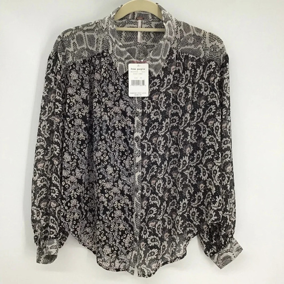 Free People Women’s Dani Button Down Sheer Top Blouse Black/White NWT Size XS - Picture 2 of 10